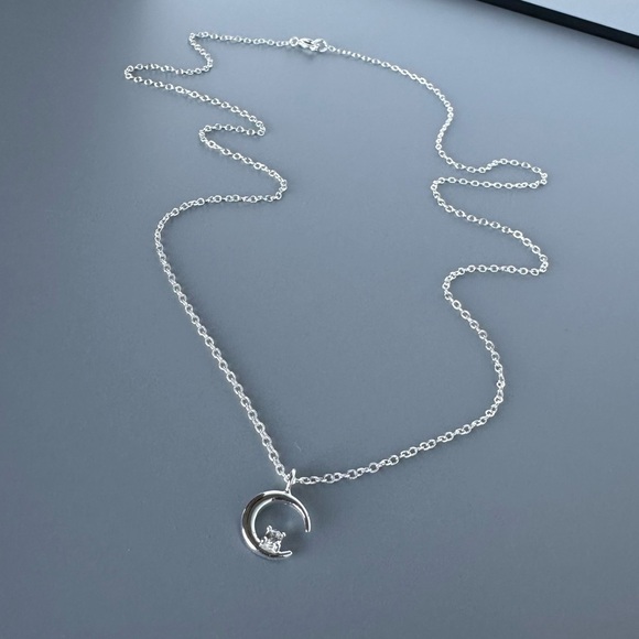 Sterling Silver CZ Crescent Moon Necklace - Picture 6 of 11